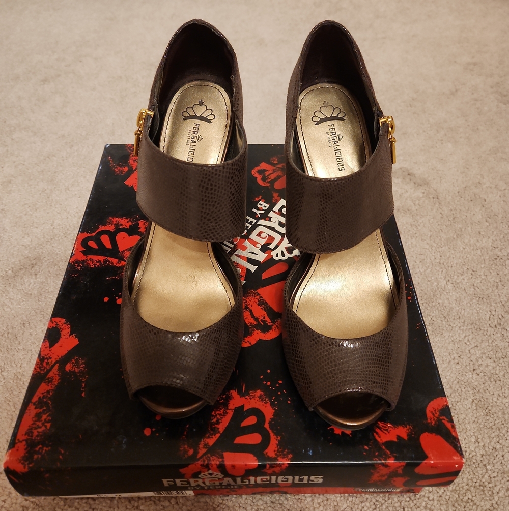 Fergalicious Brown Peep-Toe Ankle-Strap Heels with Gold Buckles
